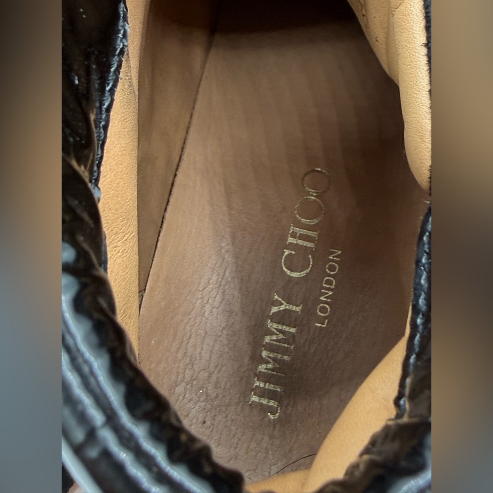 Jimmy Choo Black Suede & Patent Leather High-Top Sneakers Gold Eyelets Size 35.5 - Picture 12 of 16